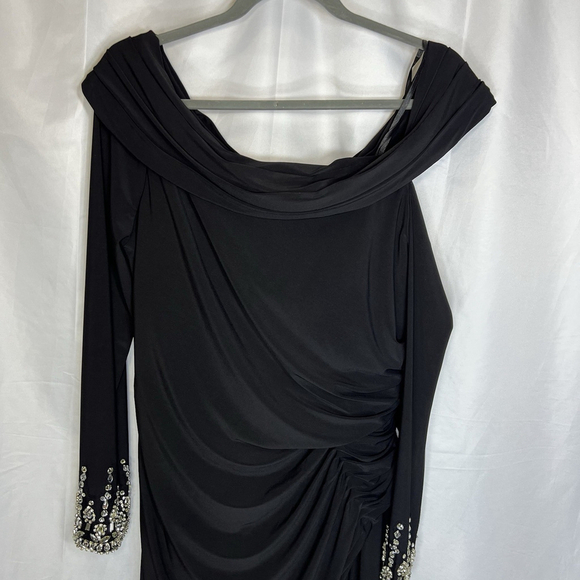 Mac Duggal Black Foldover Long Sleeve Jeweled Midi Dress One-Shoulder Long 10 - Picture 3 of 16